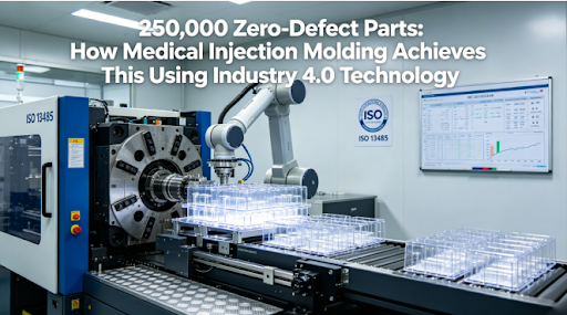 A hyper-realistic photo of an all-electric precision injection molding machine producing a complex medical diagnostic cartridge in a Class 8 cleanroom, with ISO 13485 signage and a real-time SPC dashboard visible, overlaid with the article title.