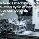 A hyper-realistic photo of a large 5-axis machining center cutting a complex aluminum gearbox housing in a modern automotive manufacturing workshop with IATF 16949 certification signage, overlaid with the article title.
