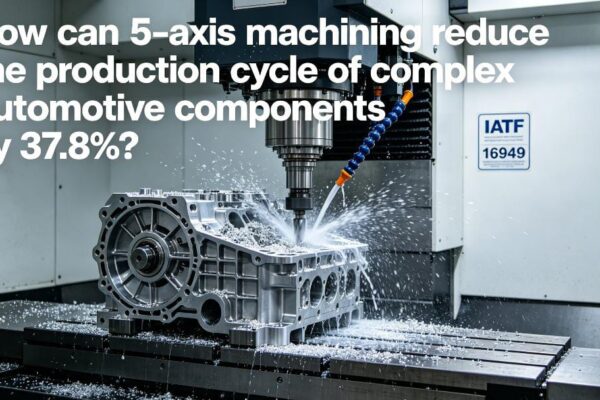 A hyper-realistic photo of a large 5-axis machining center cutting a complex aluminum gearbox housing in a modern automotive manufacturing workshop with IATF 16949 certification signage, overlaid with the article title.