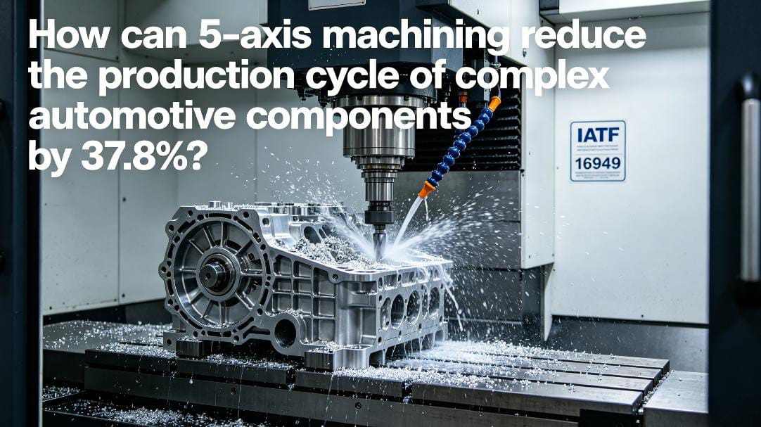 A hyper-realistic photo of a large 5-axis machining center cutting a complex aluminum gearbox housing in a modern automotive manufacturing workshop with IATF 16949 certification signage, overlaid with the article title.