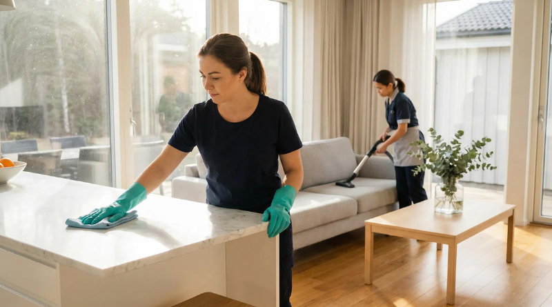 Professional housekeeper cleaning a living room in a private home in Switzerland.