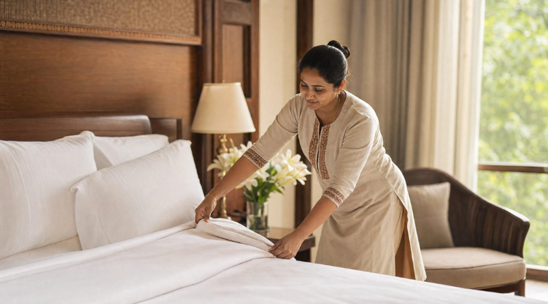 Professional housekeeper arranging fresh bed linens in a private residence.